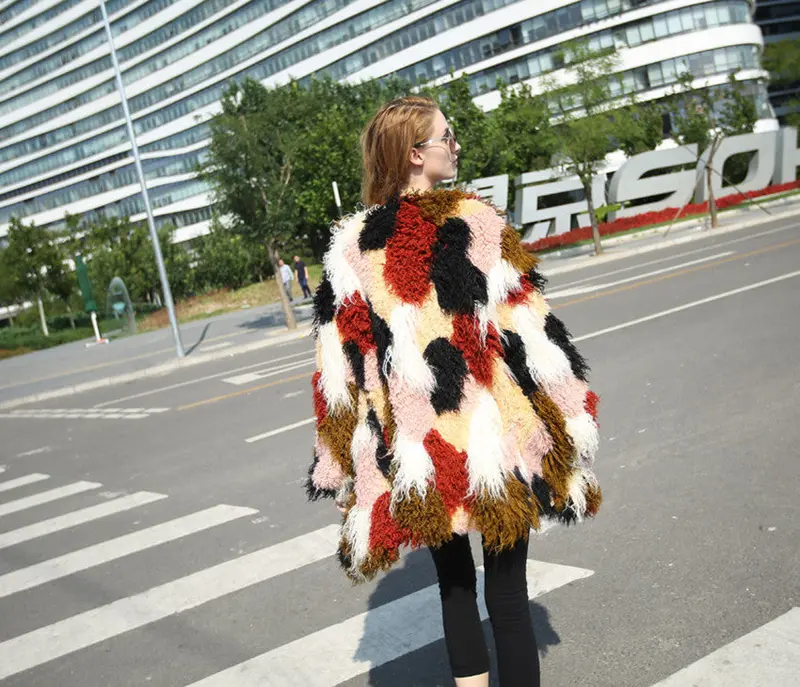 Circle Hairy Shaggy Faux Sheep Fur Stitching Ostrich Fur Warm Coat Women Contrast Color Irruglar Long Trench Warm Outerwear 5