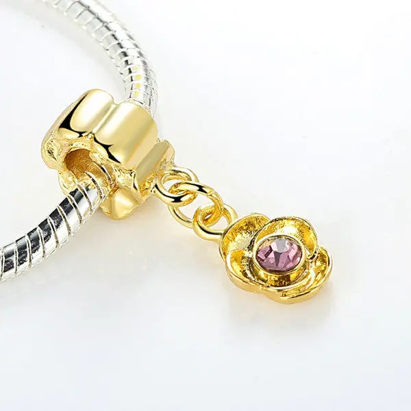Classic 14K Gold Plated Charm Pendant With Purple Crystal Fit Pandora Bracelet Necklace 1