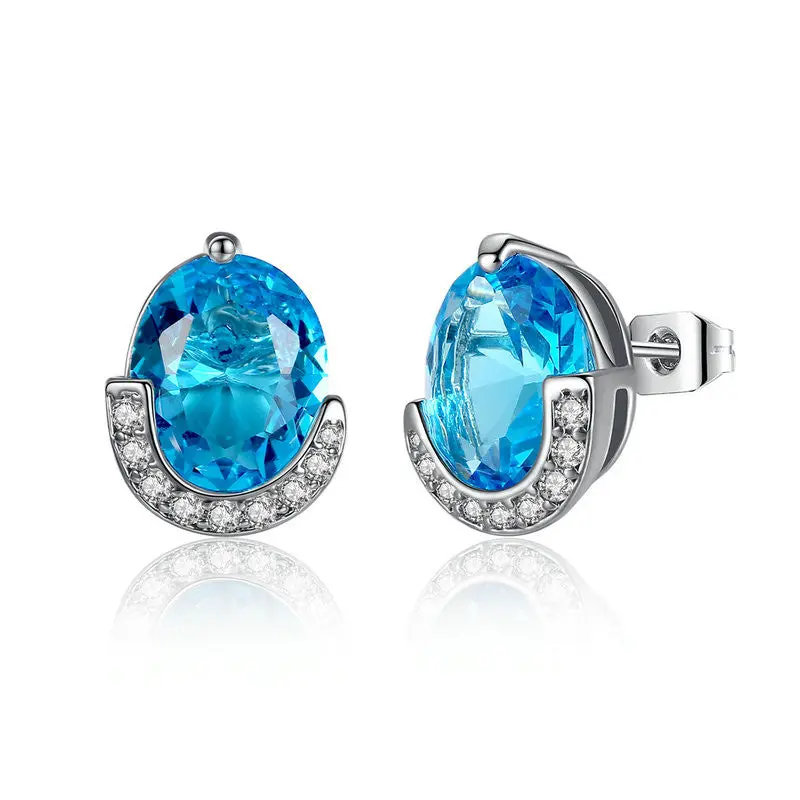 Classic 18K White Gold Plated Stud Earrings For With Blue Glass Stone Popular Earrings Brinco E097-Bu 1