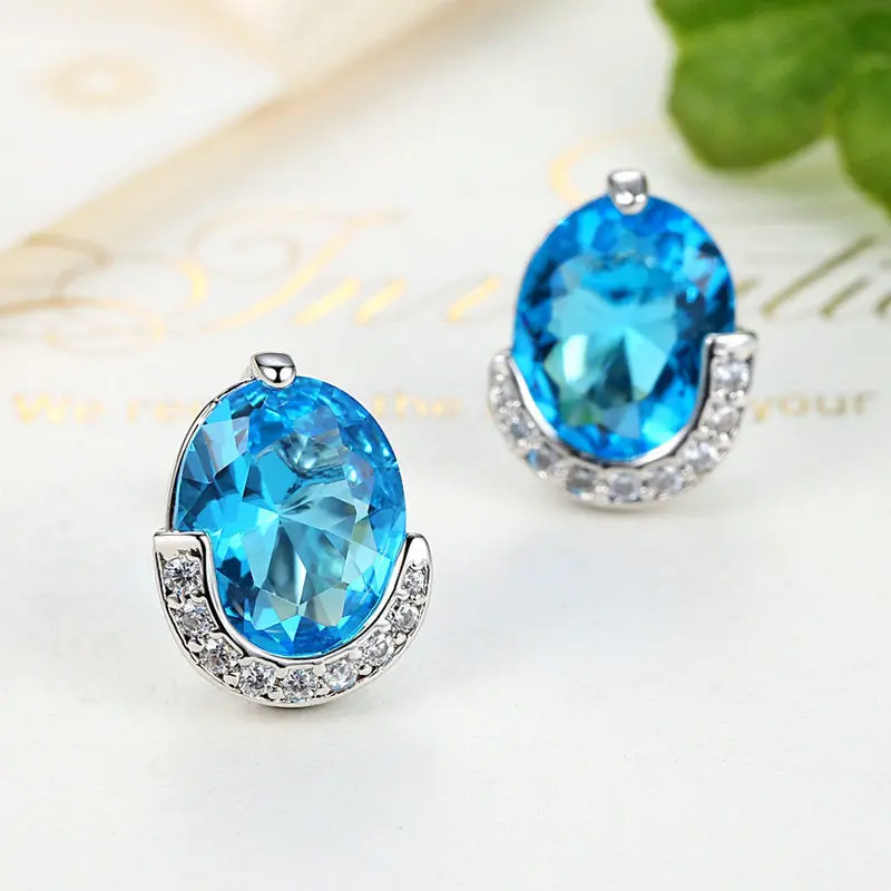 Classic 18K White Gold Plated Stud Earrings For With Blue Glass Stone Popular Earrings Brinco E097-Bu 2