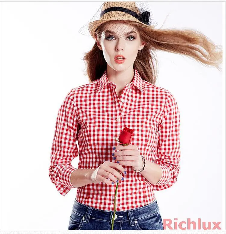 Classic Plaid Button-Up Blouse – Cotton Stripe Shirt with Long Sleeves