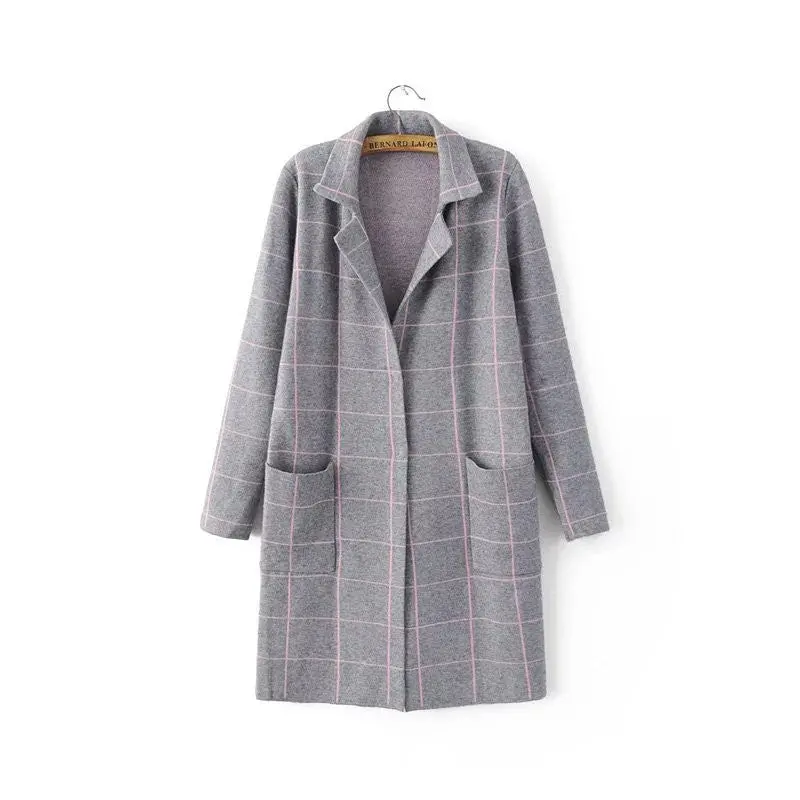 Classic Plaid Knitted Cardigan Long Women's Jacket Long Sleeve Turn Down Collar Sweater Cardigan Women 1