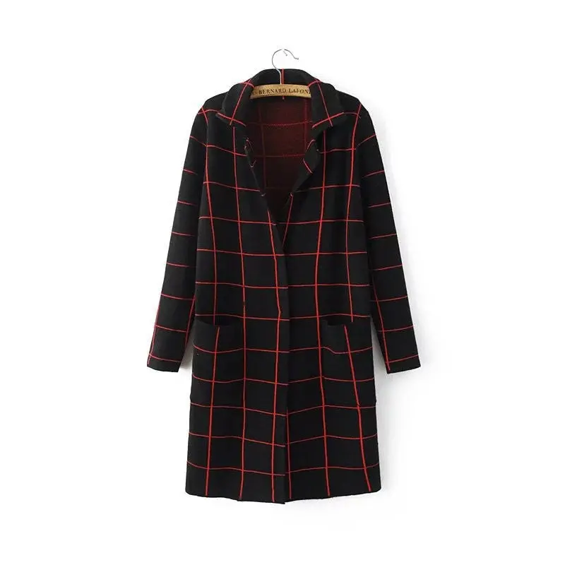 Classic Plaid Knitted Cardigan Long Women's Jacket Long Sleeve Turn Down Collar Sweater Cardigan Women 2