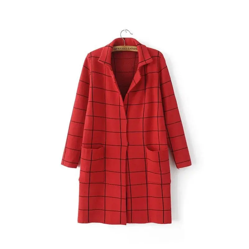 Classic Plaid Knitted Cardigan Long Women's Jacket Long Sleeve Turn Down Collar Sweater Cardigan Women 3