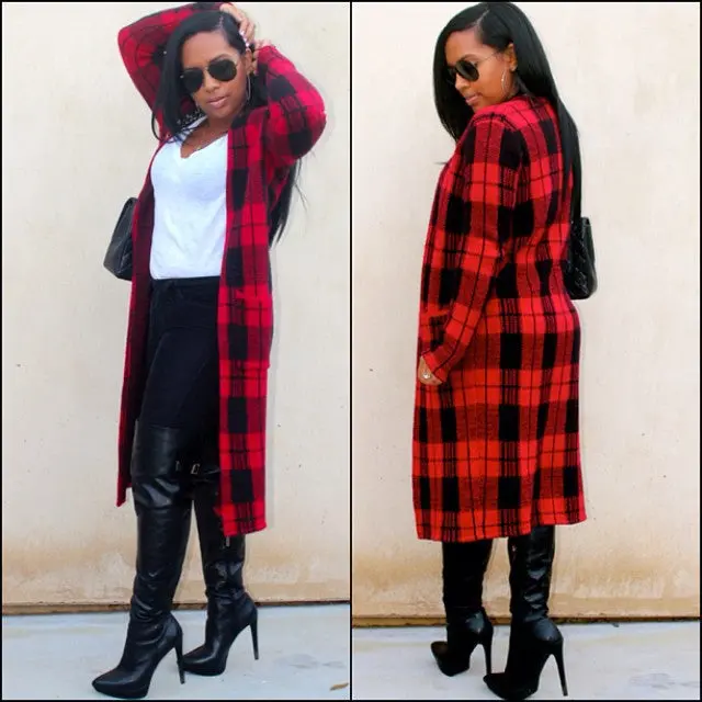 Classic Red Plaid Wool Coat Manteau Femme Coat Ladies O Neck Long Cashmere Coat Plus Size Women Coats 1
