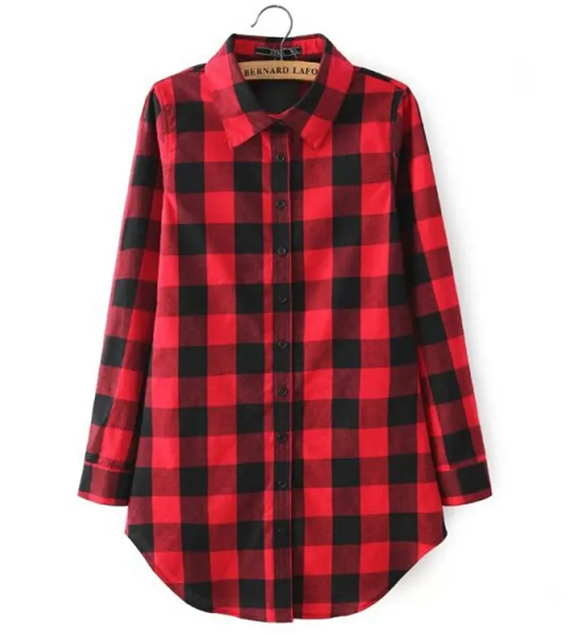 Classical Black White / Red Plaid Print Asymmetry Mid Long Shirt Women's Lapel Long Sleeve Casual Shirt Blouse Tops 1