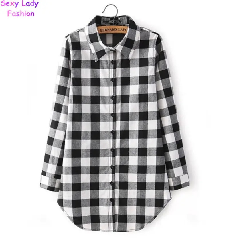 Classical Black White / Red Plaid Print Asymmetry Mid Long Shirt Women's Lapel Long Sleeve Casual Shirt Blouse Tops 3