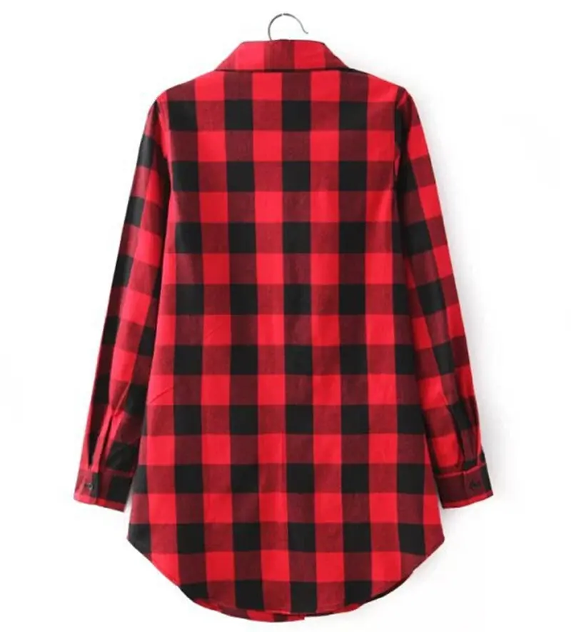 Classical Black White / Red Plaid Print Asymmetry Mid Long Shirt Women's Lapel Long Sleeve Casual Shirt Blouse Tops 5