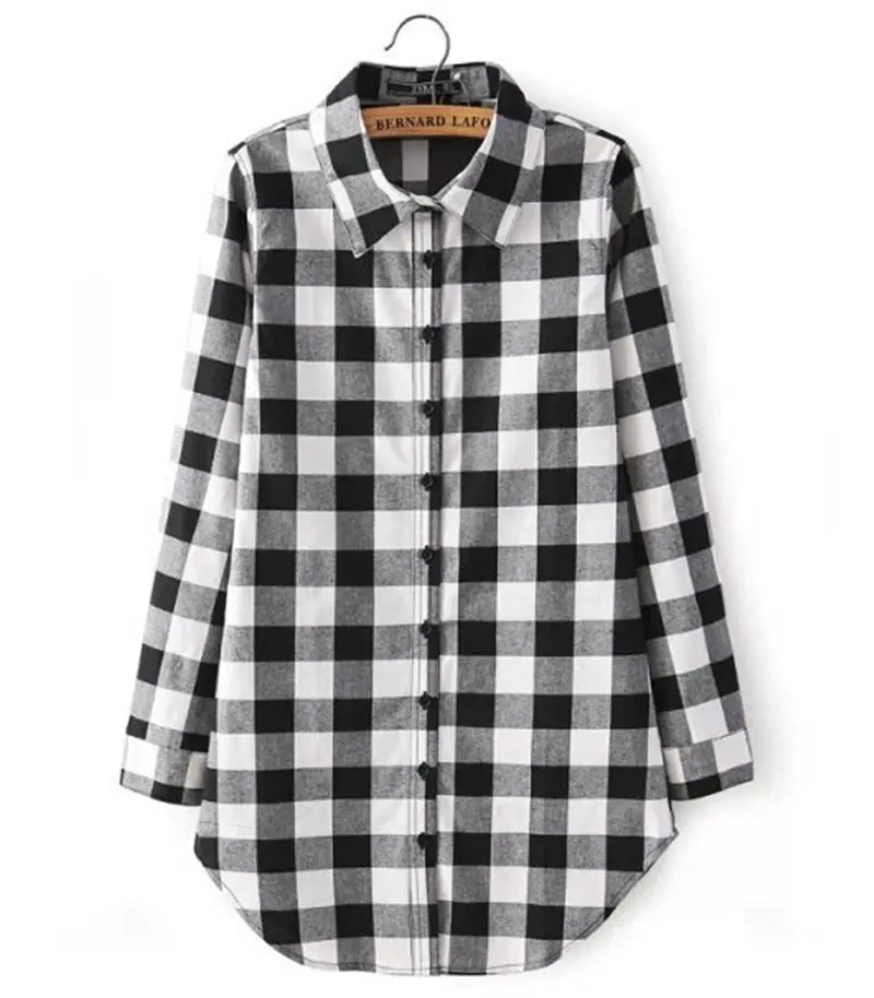 Classical Black White / Red Plaid Print Asymmetry Mid Long Shirt Women's Lapel Long Sleeve Casual Shirt Blouse Tops 6