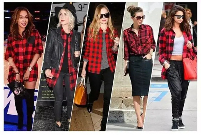 Classical Black White / Red Plaid Print Asymmetry Mid Long Shirt Women's Lapel Long Sleeve Casual Shirt Blouse Tops 7