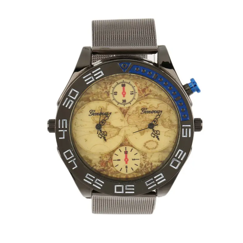Classicround Vintage World Map Dial Steel Band Quartz Wrist Watch Dual Movet Mesh Watchband Watch 2