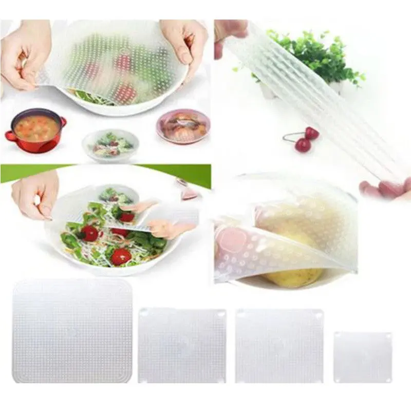 Clear Reusable Silicone Food Wraps Seal Cover 4Pcs Stretch Multifunctional Food Fresh Keeping Saran Wrap Kitchen Tools 70958 1