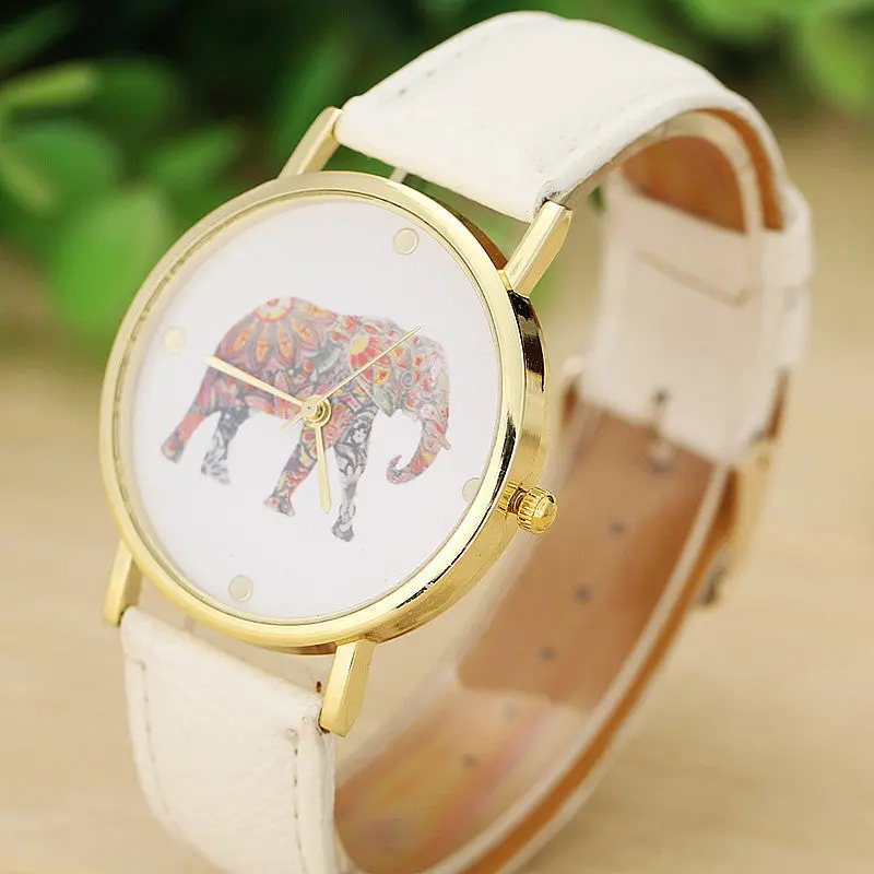 Clock Women Ladies Montre Elephant Printing Pattern Weaved Leather Quartz Watch Wristwatch Sale Feida 1