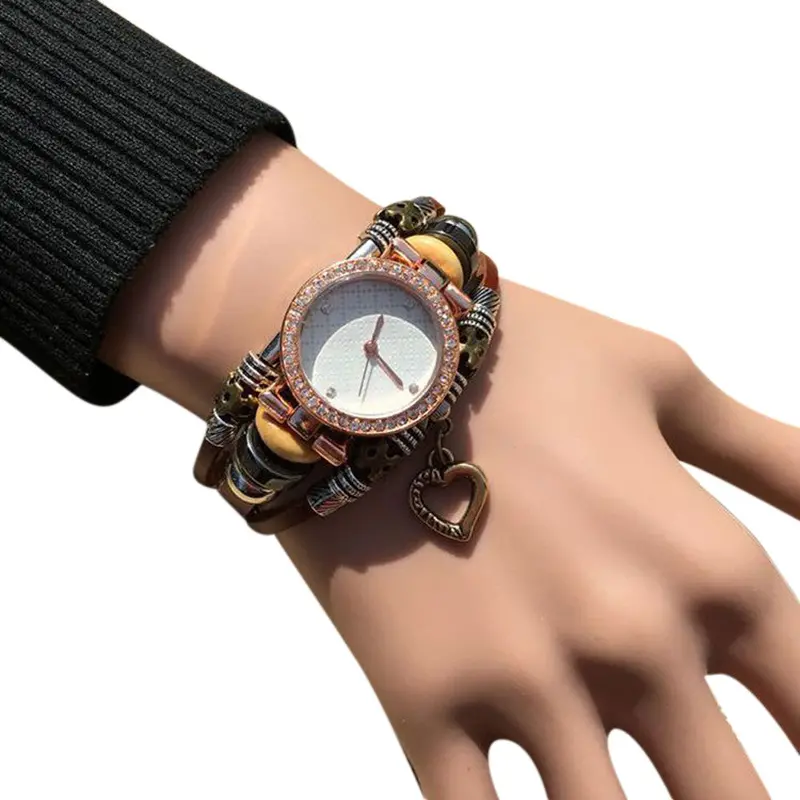 Clock Women Montre Retro Punk Weave Embossed Cowhide Leather Bracelet Watch Casual Watch Feida 1