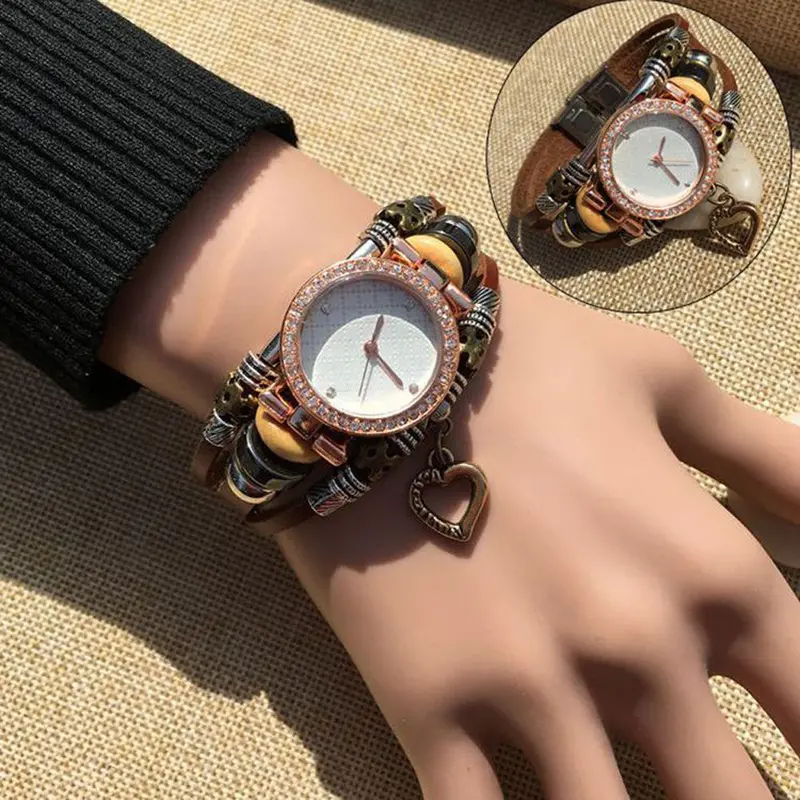 Clock Women Montre Retro Punk Weave Embossed Cowhide Leather Bracelet Watch Casual Watch Feida 2