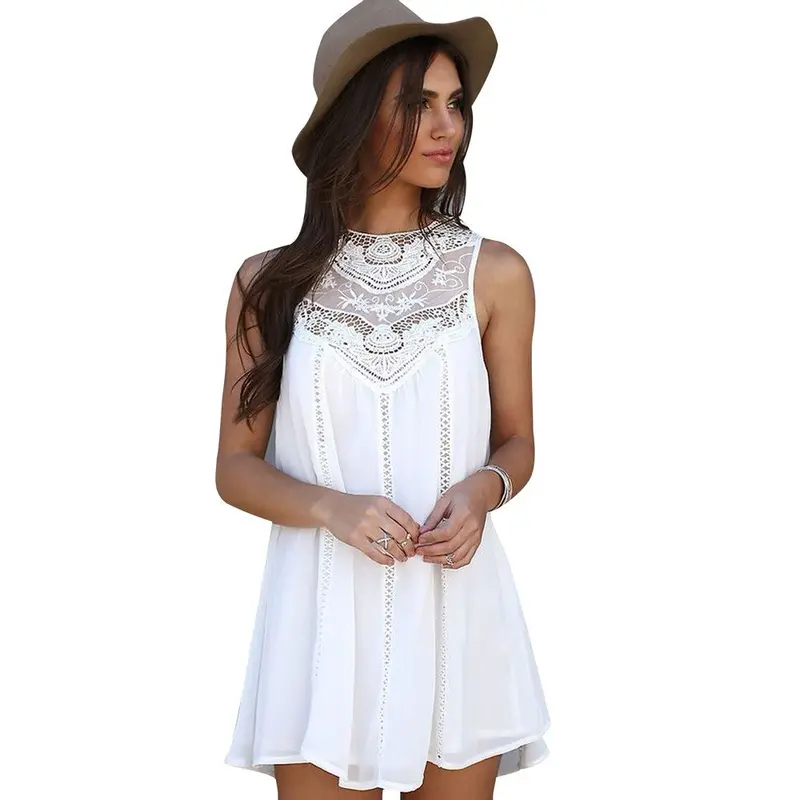 Clothing Women Beach Dress Ladies Lace Chiffon Sleeveless T-Shirt Dress Big Size Robe Feida 1