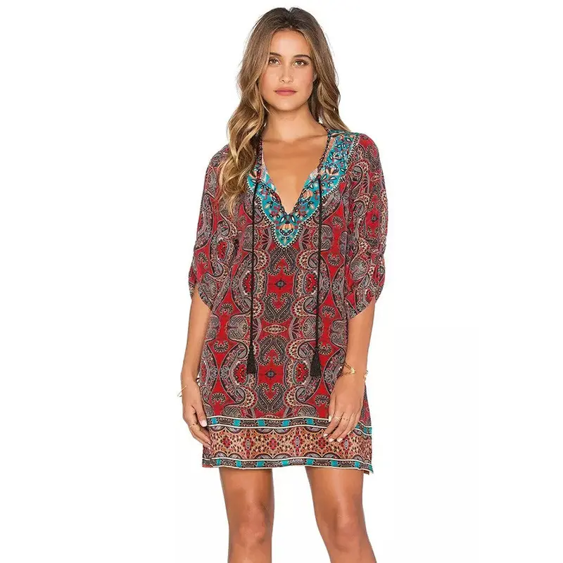 Clothing Women Dress Bohemian African Neck Tie Vintage Printed Ethnic Style Shift Dress Ladies Dresses 1