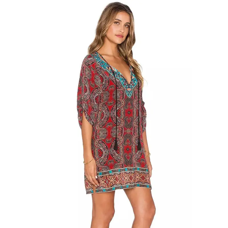Clothing Women Dress Bohemian African Neck Tie Vintage Printed Ethnic Style Shift Dress Ladies Dresses 2