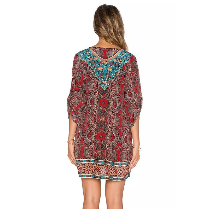 Clothing Women Dress Bohemian African Neck Tie Vintage Printed Ethnic Style Shift Dress Ladies Dresses 3