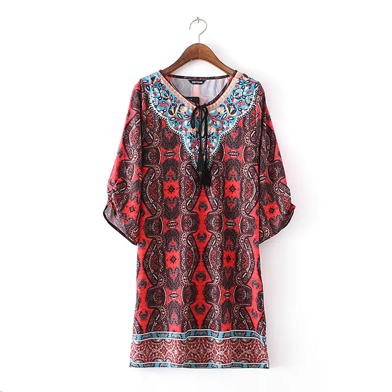 Clothing Women Dress Bohemian African Neck Tie Vintage Printed Ethnic Style Shift Dress Ladies Dresses 4