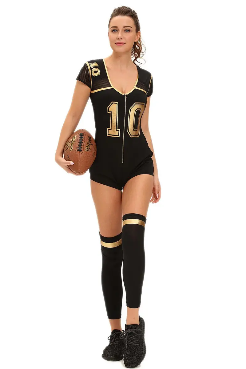 Club Football Sexy Costume Halloween Costumes For Black Hollow Out Mesh Stitching Short Sleeve Bodycon Jumpsuit 1