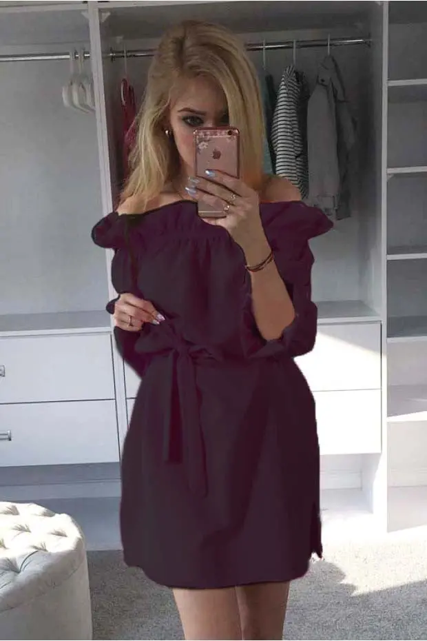 Clubwear Candy Colors Dress Slash Neck Bandage Side Split Solid Mini Dress With Sashes For Women Ladies Lx125 1