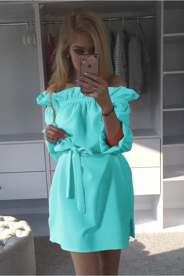 Clubwear Candy Colors Dress Slash Neck Bandage Side Split Solid Mini Dress With Sashes For Women Ladies Lx125 5