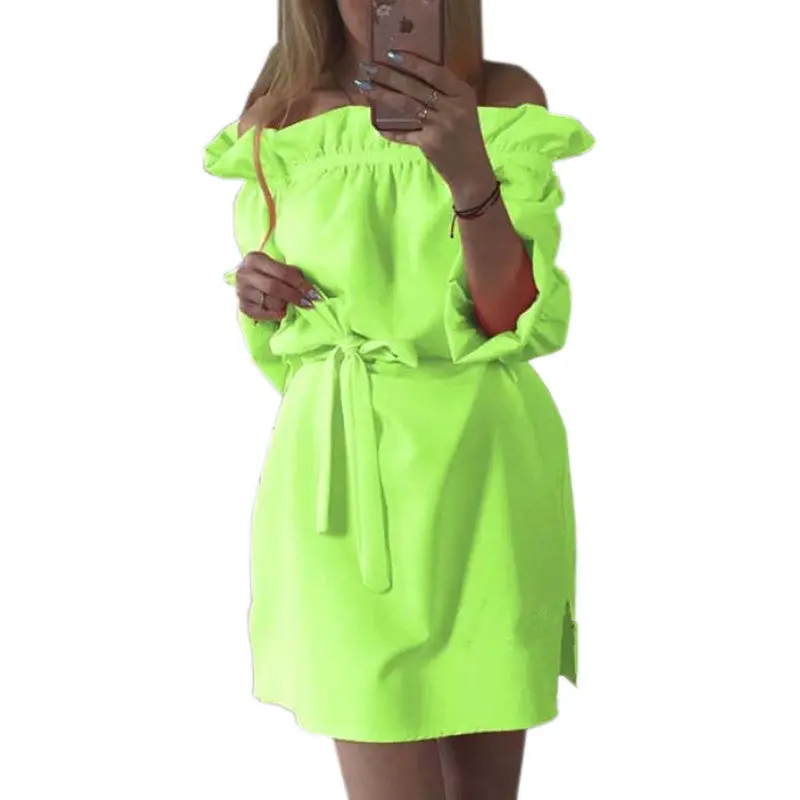 Clubwear Candy Colors Dress Slash Neck Bandage Side Split Solid Mini Dress With Sashes For Women Ladies Lx125 7