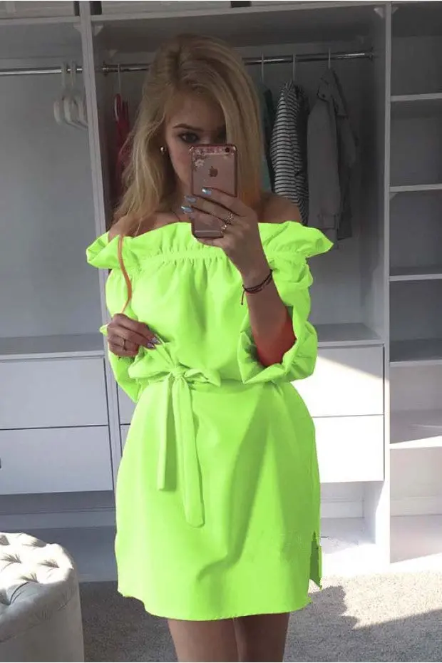 Clubwear Candy Colors Dress Slash Neck Bandage Side Split Solid Mini Dress With Sashes For Women Ladies Lx125 9