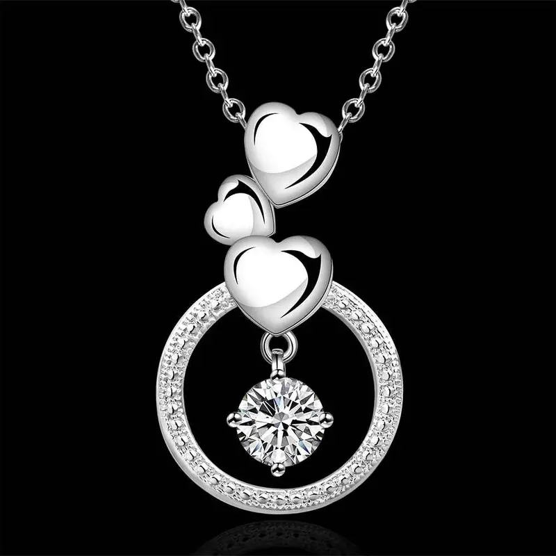 Colares Femininos Sterling Silver Three Heart Circle Silver -Plated Women Necklace Chain Pendants691 2