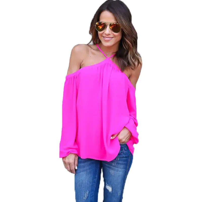 Cold-Shoulder Chiffon Halter Top – Lantern-Sleeve Blouse in Four Colors