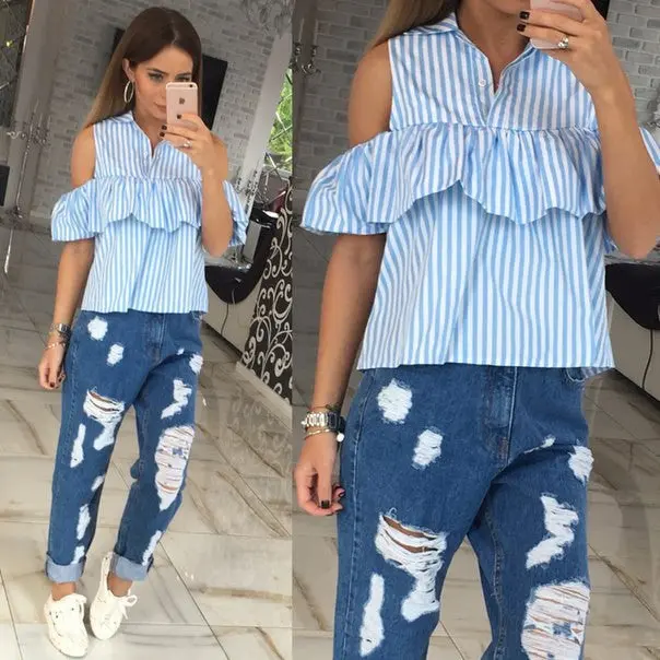 Cold Shoulder Striped Shirts Casual Flounces Turn-Down Collar Plaid Shirt Tops For Women Ladies Beachwear Lx167 1