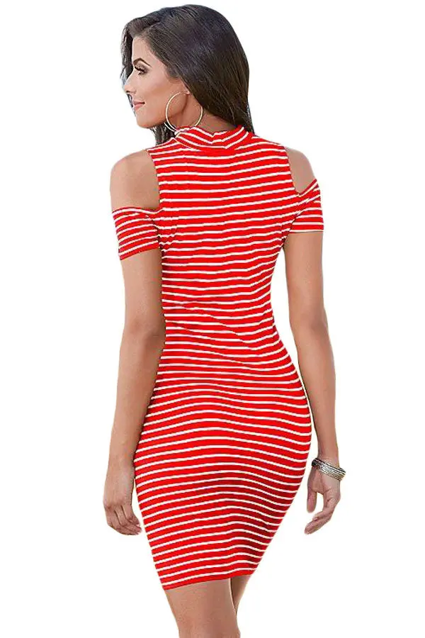 Cold Shoulder White And Red Striped Mini Dress Bodycon Elegant Dress Casual Cute Dress Party Short 3