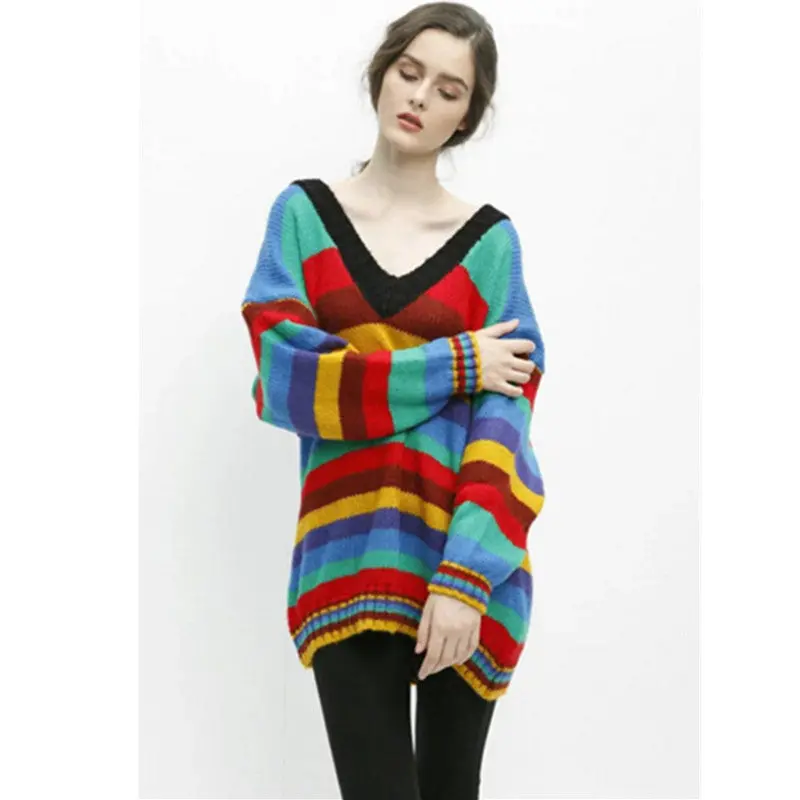 Colored Color Rainbow Sweater Retro Women Big V Neck Long Sleeve Mid Long Jumper Pullovers Kleding Jerseis Mujer Femme 1