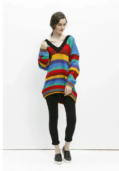 Colored Color Rainbow Sweater Retro Women Big V Neck Long Sleeve Mid Long Jumper Pullovers Kleding Jerseis Mujer Femme 2