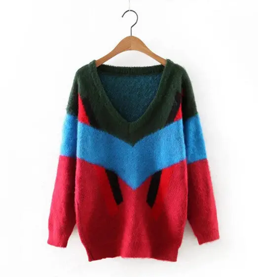 Colored Color Rainbow Sweater Retro Women V Neck Long Sleeve Knitwear Jumper Pullovers Kleding Jerseis Mujer Femme 1