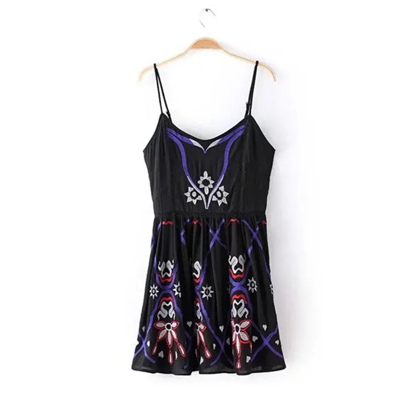 Colored Embroidery Flower Halter Dress Women Shoulderless Spaghetti Strap Dresses Femme Off Shoulder Dress 2