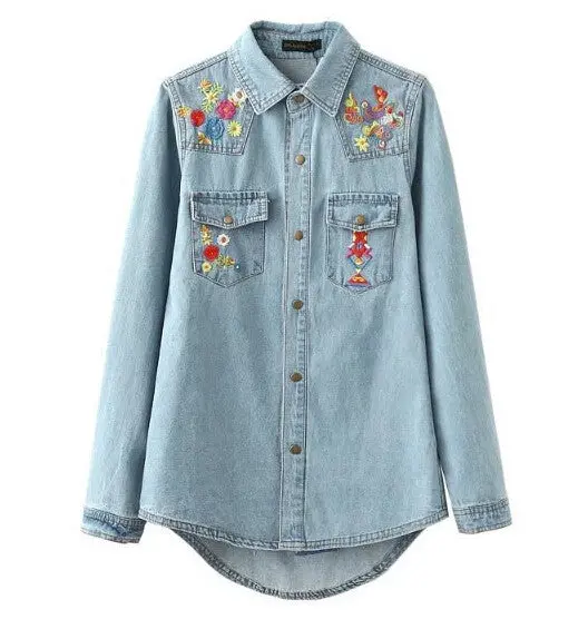 Colored Flower Embroidery Denim Shirt Women Lapel Long Sleeve Blouse Tops Floral Blusas Chemise Femme Blusa 1