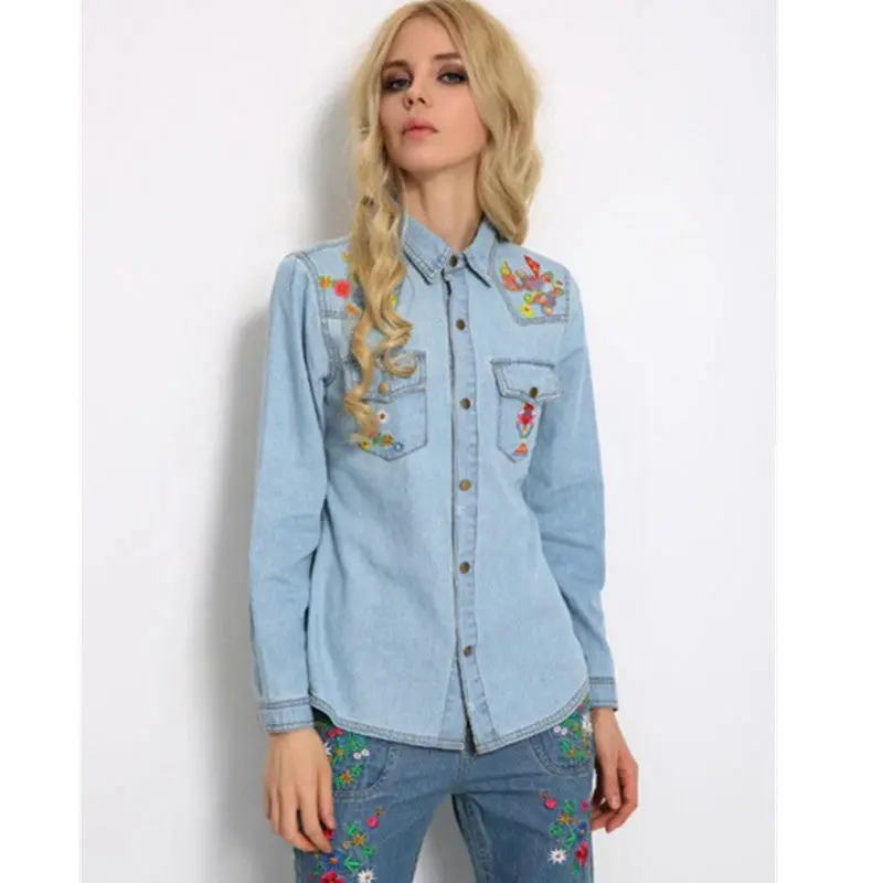Colored Flower Embroidery Denim Shirt Women Lapel Long Sleeve Blouse Tops Floral Blusas Chemise Femme Blusa 2