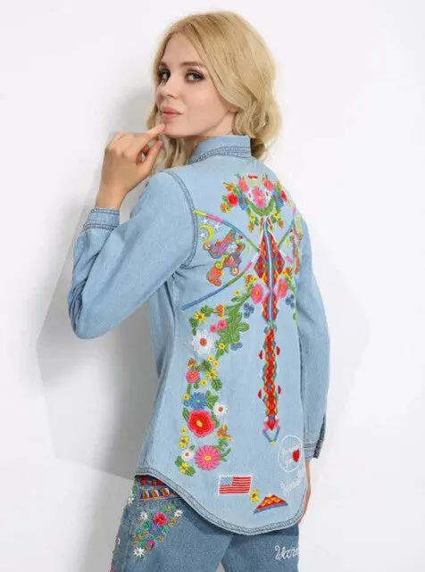 Colored Flower Embroidery Denim Shirt Women Lapel Long Sleeve Blouse Tops Floral Blusas Chemise Femme Blusa 3