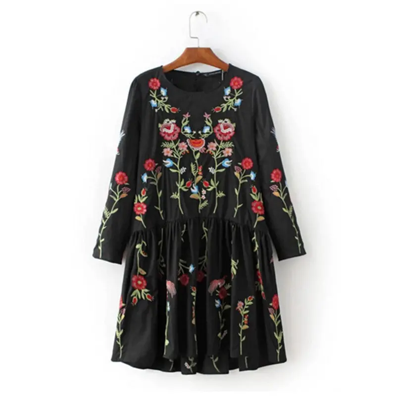 Colored Flower Embroidery Dress Woman O Neck Long Sleeve Short Dresses Femme Black Loose Dress S M L 2