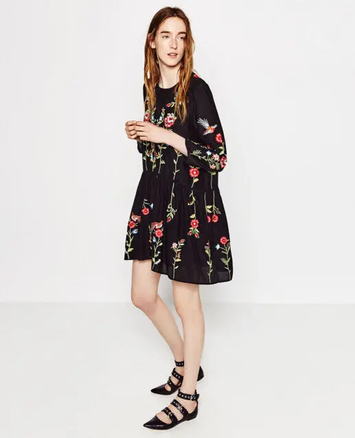 Colored Flower Embroidery Dress Woman O Neck Long Sleeve Short Dresses Femme Black Loose Dress S M L 3