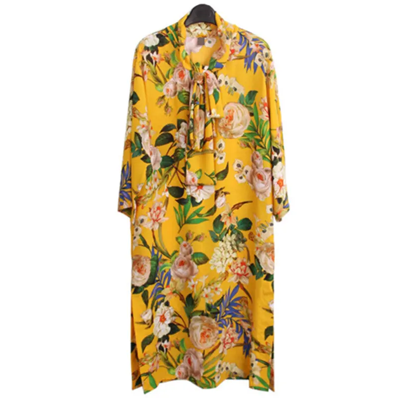 Colored Flower Print Long Shirt Dress Women Bow Collar Contrast Color Split Side Loose Mid Long Dress 1