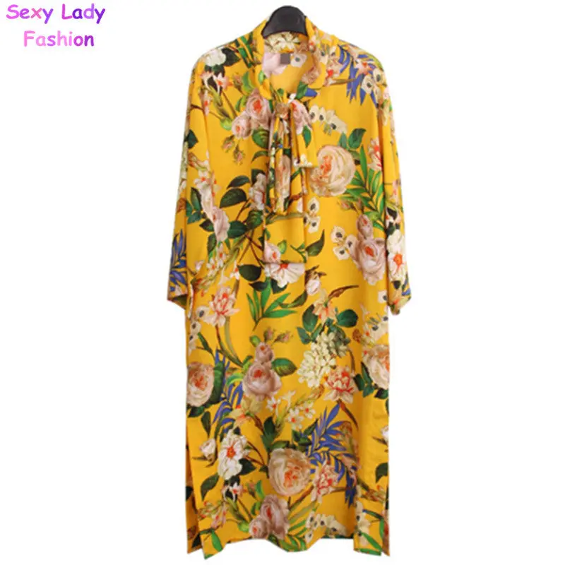 Colored Flower Print Long Shirt Dress Women Bow Collar Contrast Color Split Side Loose Mid Long Dress 2