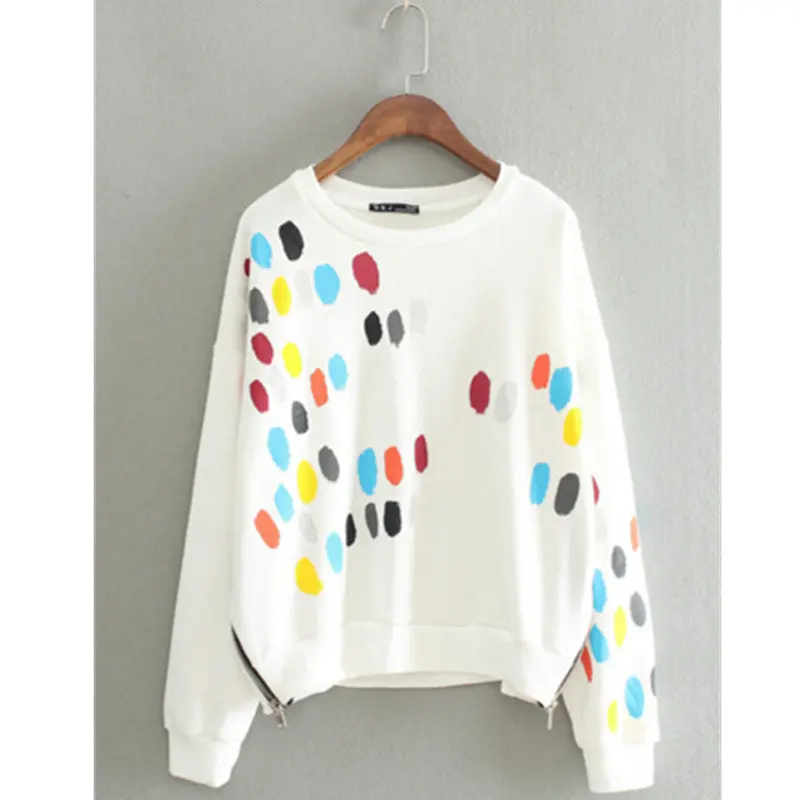 Colored Polka Dot Print Zipper Side Long Sleeve Sweatshirt Women O Neck Pullover Hoodies Casual Jumper Sweats Tops White 1