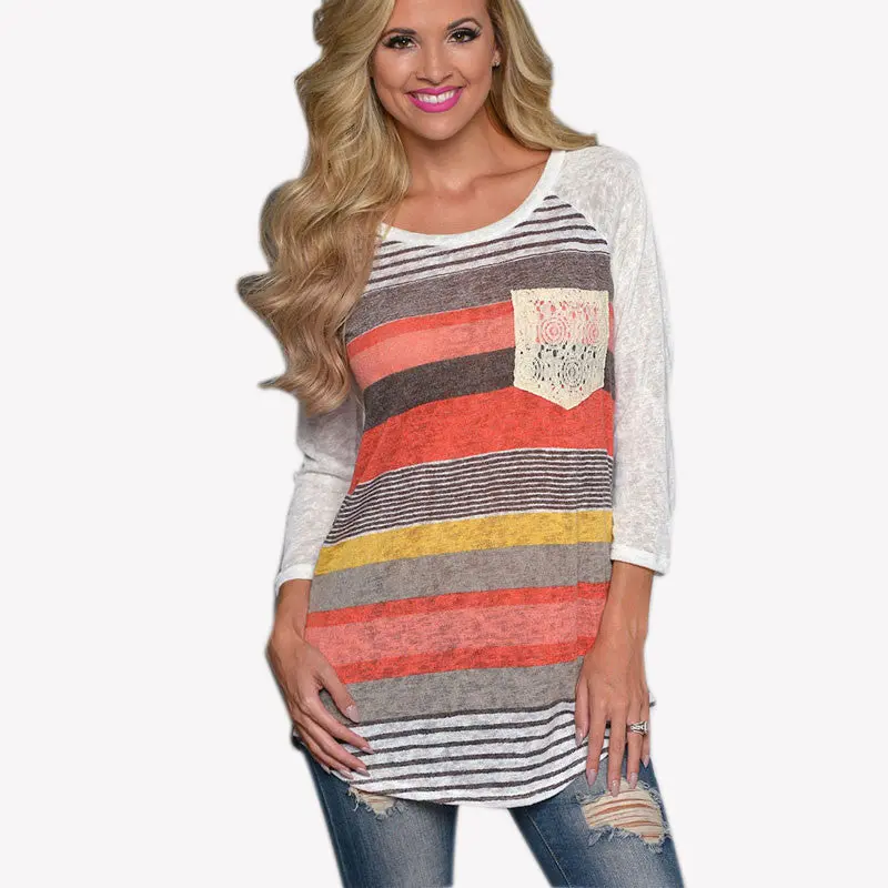 Colored Striped Long Sleeve T Shirt Mid Length Casual T Shirt Women Plus Size Women Clothing O Neck Tops For Women 5