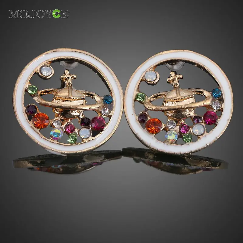 Colorful Crystal Rhinestone Saturn Planet Universe Ear Stud Earrings 1