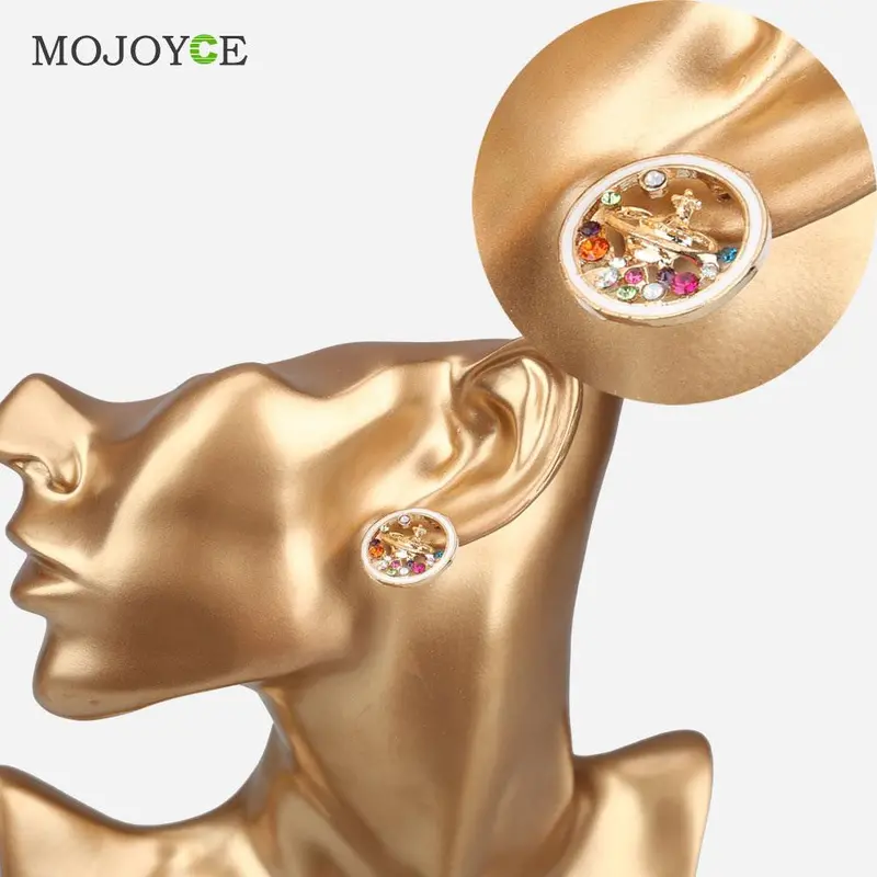Colorful Crystal Rhinestone Saturn Planet Universe Ear Stud Earrings 2