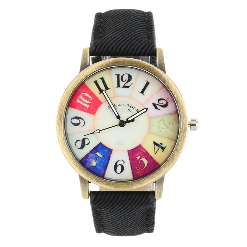 Colorful Dial Golden Round Shell Date Quartz Wrist Watch Analog Chic With Blackwhiteredbrownyellowpinkgreenblue Color 1