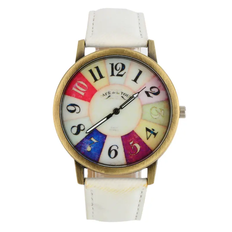 Colorful Dial Golden Round Shell Date Quartz Wrist Watch Analog Chic With Blackwhiteredbrownyellowpinkgreenblue Color 2